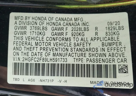 2020 Honda Civic Sport из США, поврежденный, VIN 2HGFC2F89LH591733